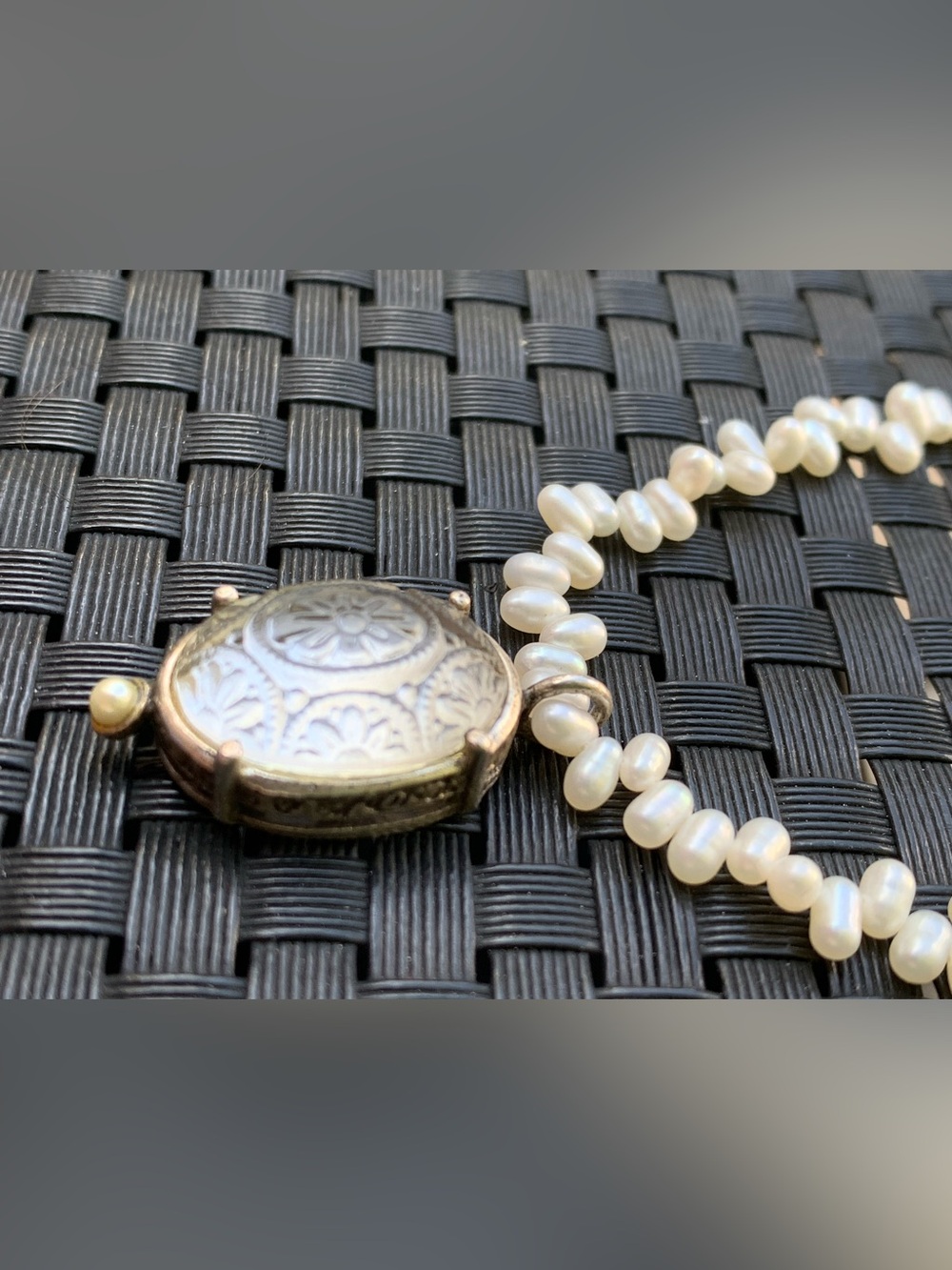 Floral Rosette EXTASIA Pearl Necklace Hand-pressed Frosted Glass Ornate Pendant